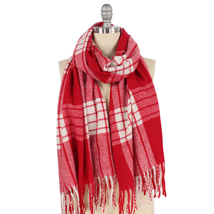 2-TONE PLAID SOFT OBLONG SCARF W/TASSEL