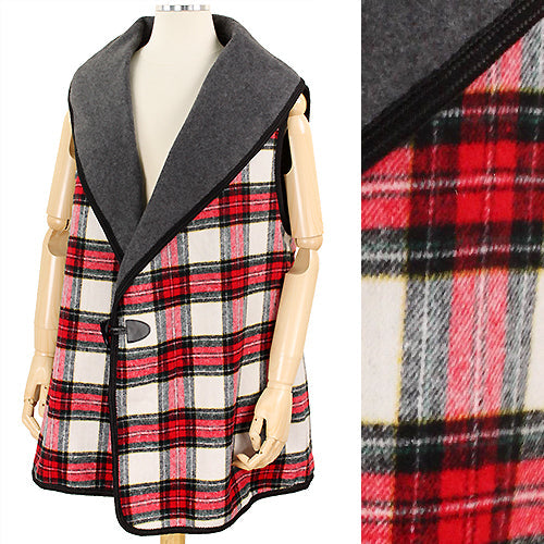 COLLAR PLAID VEST W/TOGGLE BUTTON