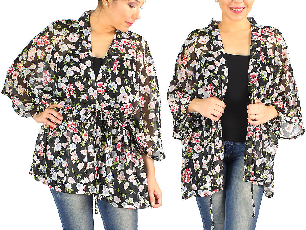 FLOWER CHIFFON KIMONO W/DRAWSTRING