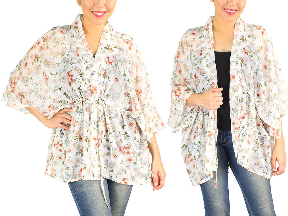 FLOWER CHIFFON KIMONO W/DRAWSTRING