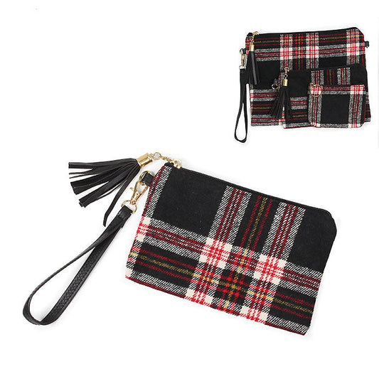 PLAID PRINT POUCH BAG W.WRISTLET