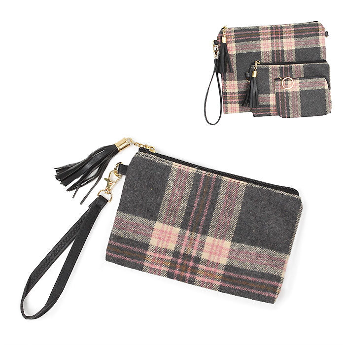 PLAID PRINT POUCH BAG W.WRISTLET