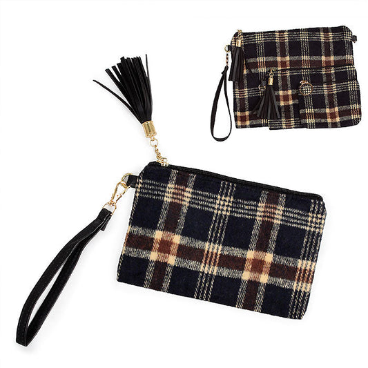 PLAID PRINT POUCH BAG W.WRISTLET