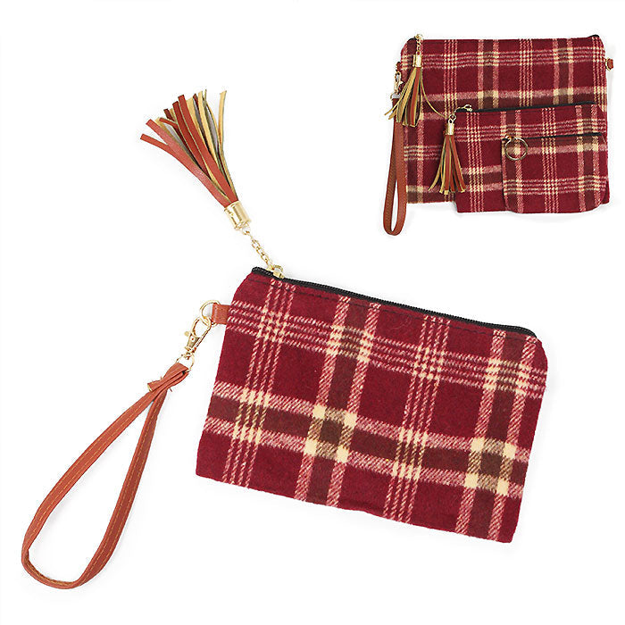 PLAID PRINT POUCH BAG W.WRISTLET