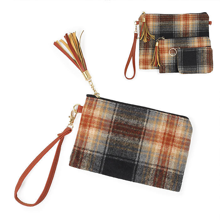 PLAID PRINT POUCH BAG W.WRISTLET