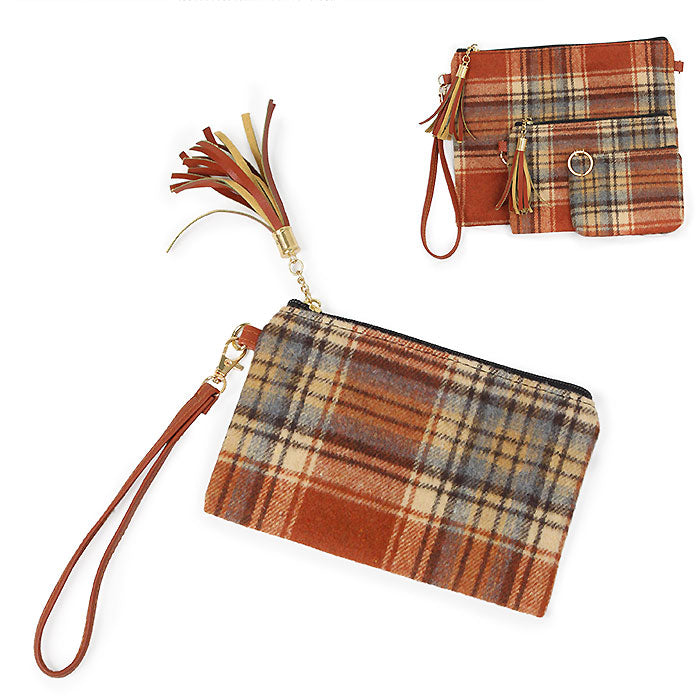 PLAID PRINT POUCH BAG W.WRISTLET