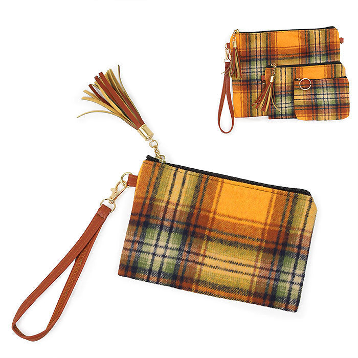 PLAID PRINT POUCH BAG W.WRISTLET