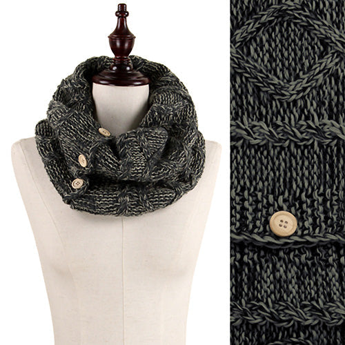 DIAMOND CABEL KNIT TUBE SCARF W/ BUTTONS