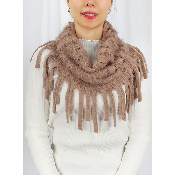 STRIPE KNIT TUBE SCARF W/TASSEL