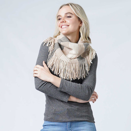 STRIPE KNIT TUBE SCARF W/TASSEL