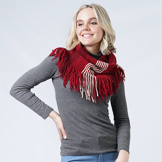 STRIPE KNIT TUBE SCARF W/TASSEL