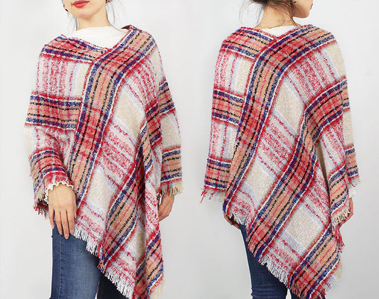 PLAID PATTERN WOVEN PONCHO