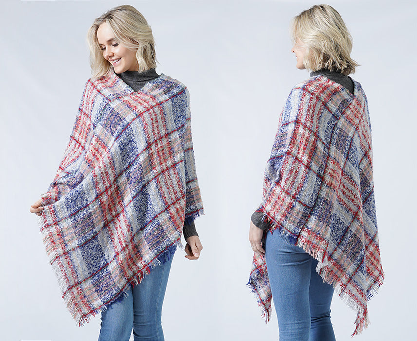 PLAID PATTERN WOVEN PONCHO