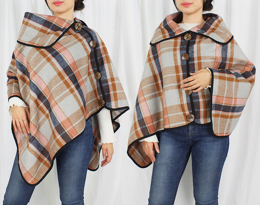 PLAID PONCHO W/COCONUT BUTTON