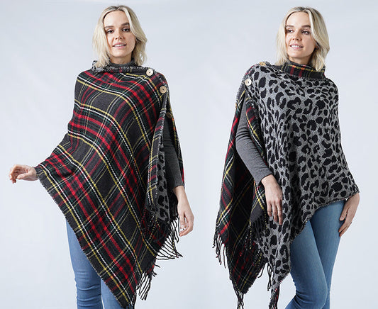 PLAID+LEOPARD REVERSIBLE PONCHO