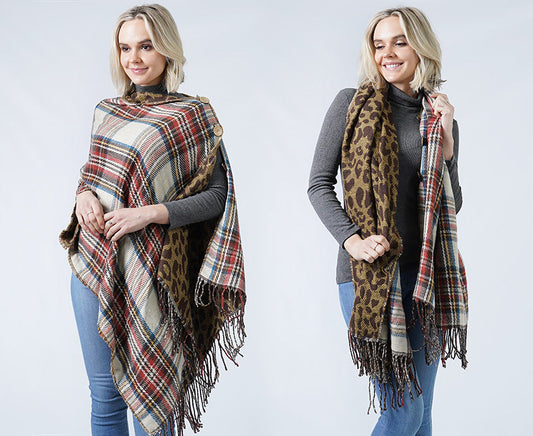 PLAID+LEOPARD REVERSIBLE PONCHO