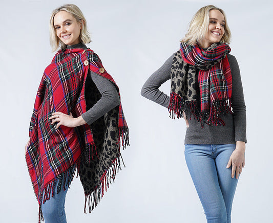 PLAID+LEOPARD REVERSIBLE PONCHO