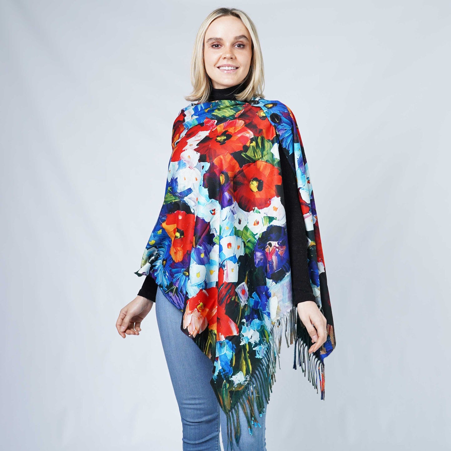 FLOWER PRINT MULTI WEAR OBLONG SCARF/PONCHO