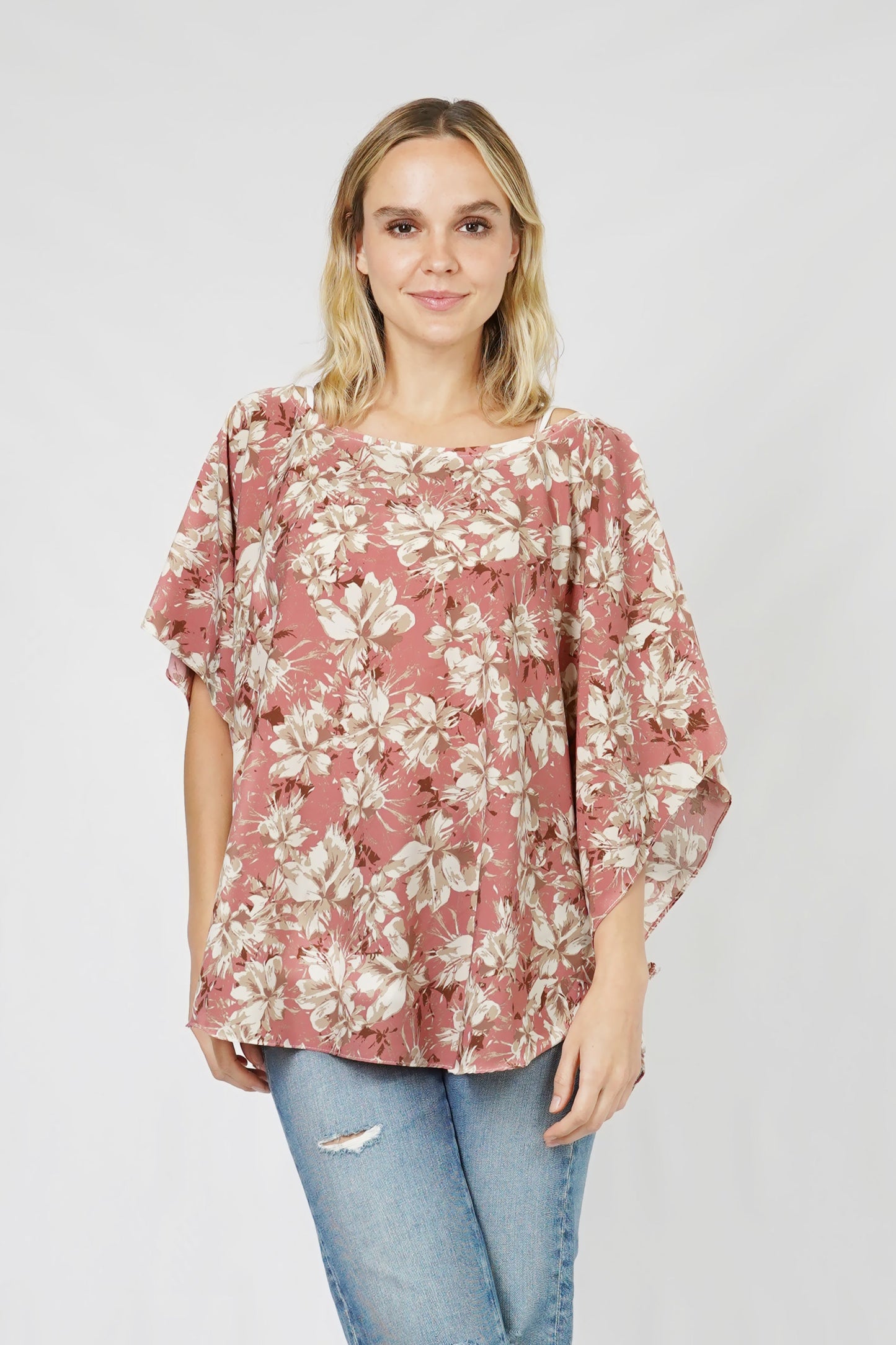 FLOWER PRINT SLIT ROUND PONCHO