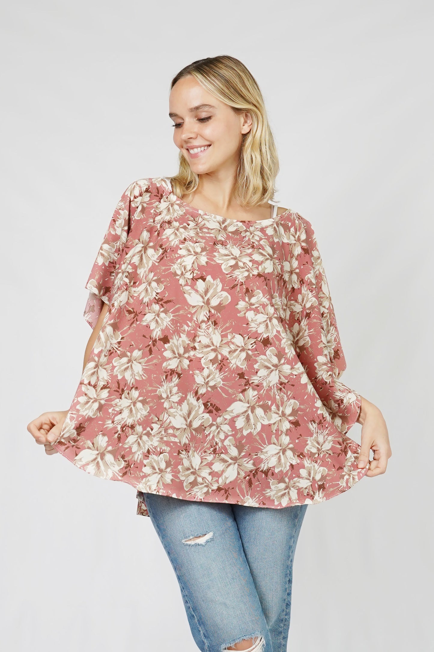 FLOWER PRINT SLIT ROUND PONCHO