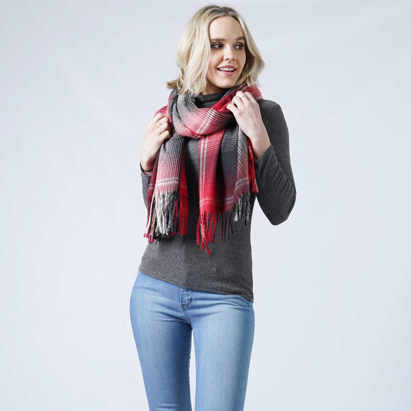 PLAID SOFT OBLONG SCARF W/TASSEL