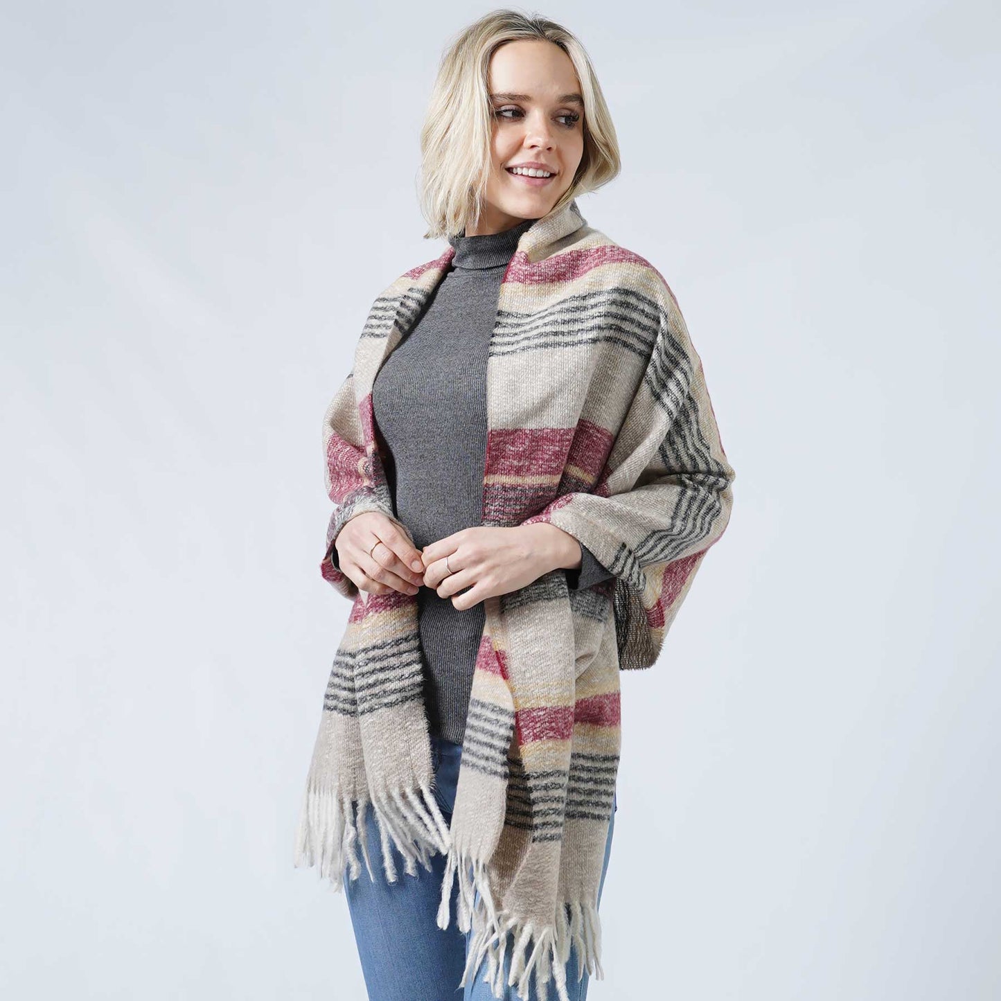 MULTICOLOR STRIPE OBLONG SCARF W/TASSEL