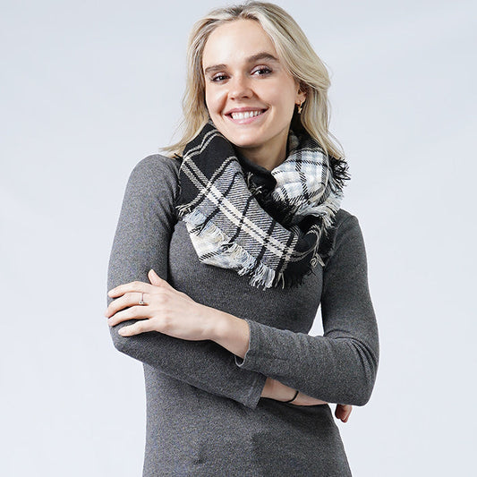 PLAID INFINITY SCARF W/FRAYED EDGE