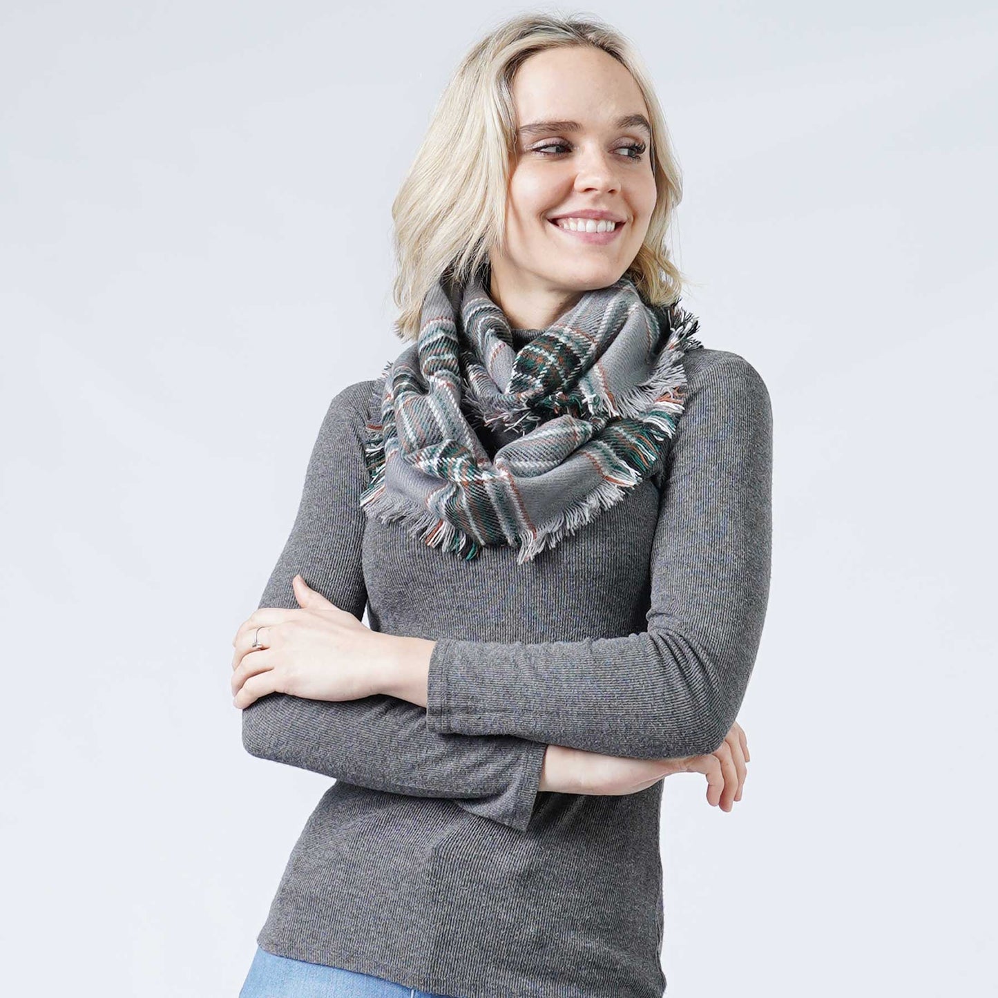 PLAID INFINITY SCARF W/FRAYED EDGE