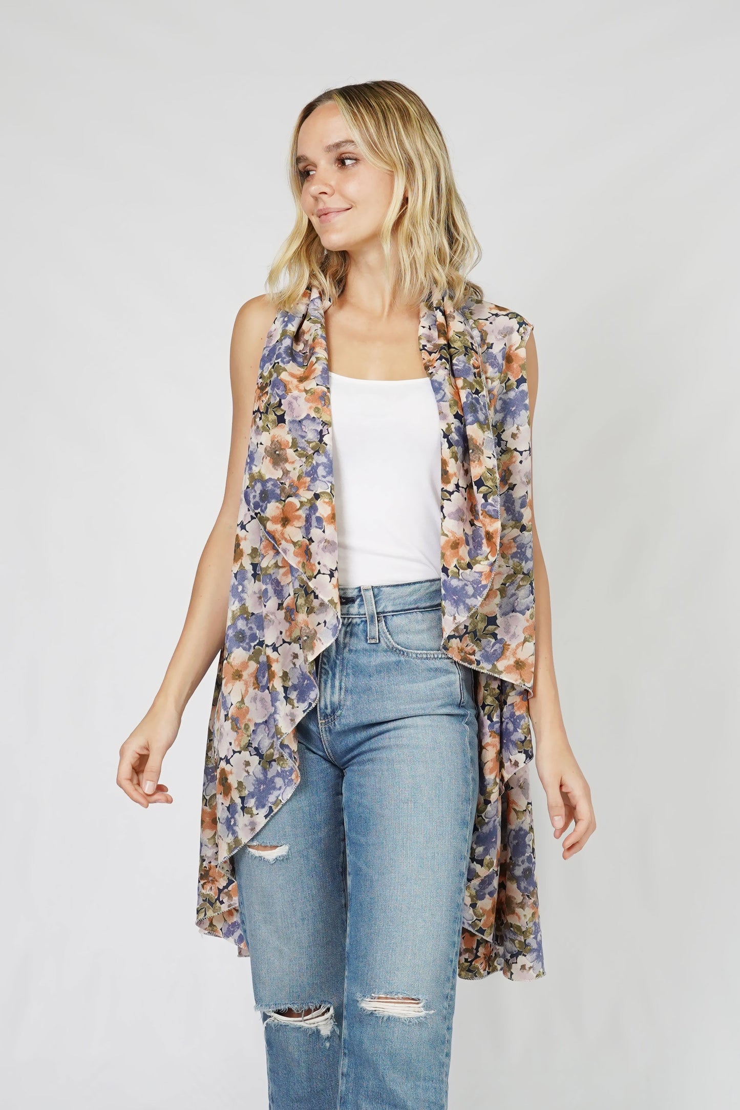 FLOWER PRINT ROUND CHIFFON VEST