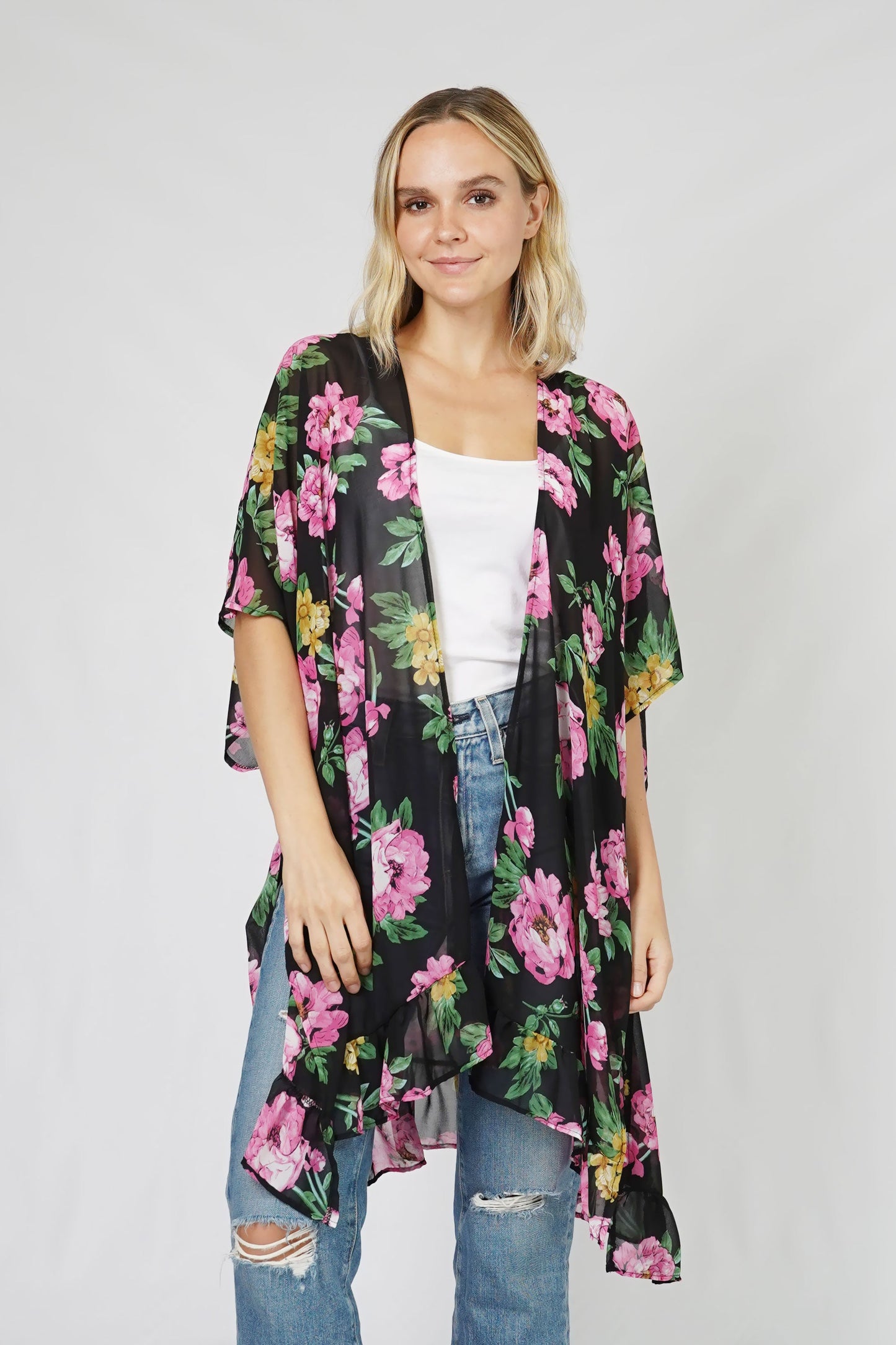 FLOWER PRINT RUFFLE KIMONO