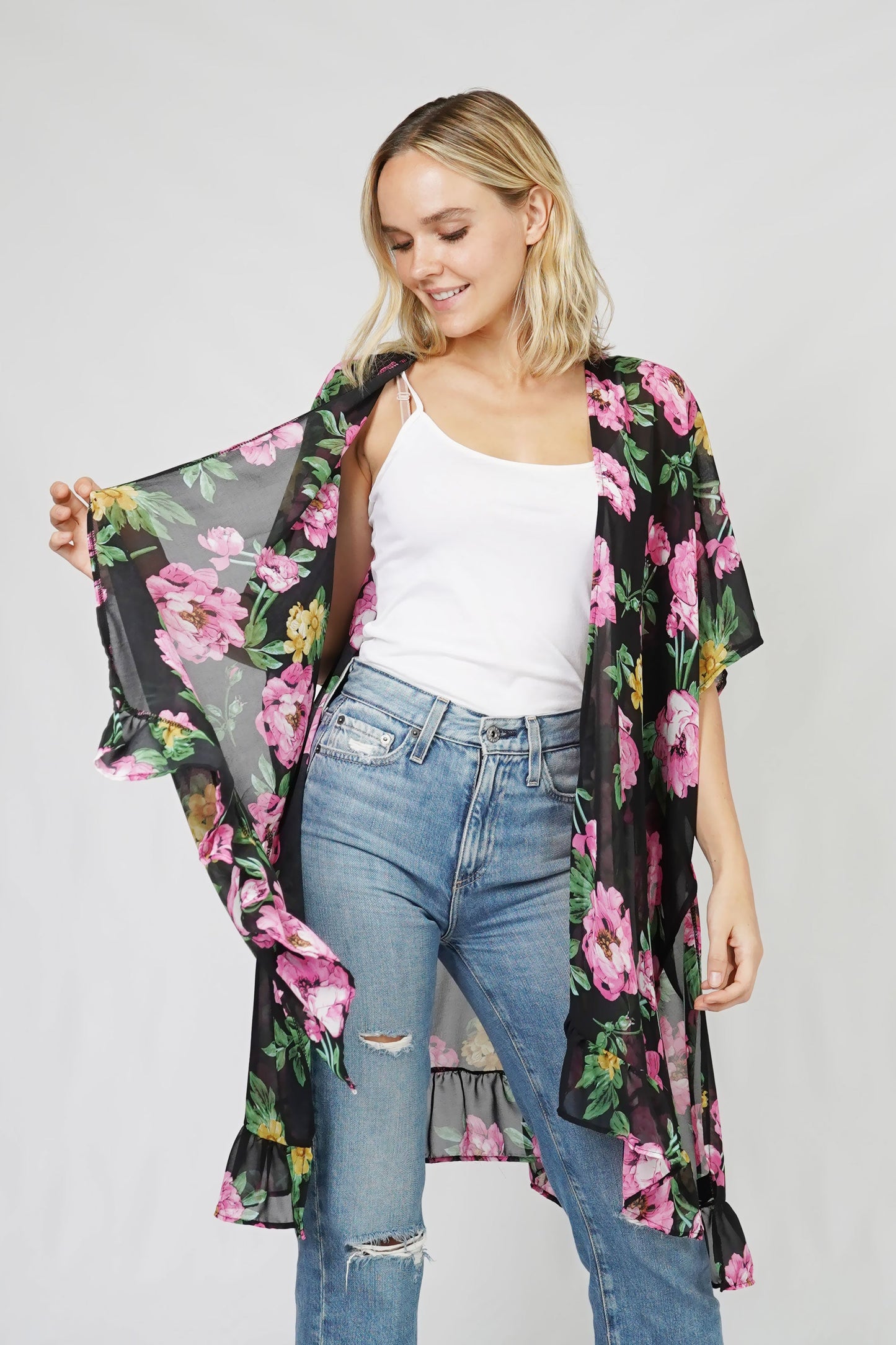 FLOWER PRINT RUFFLE KIMONO