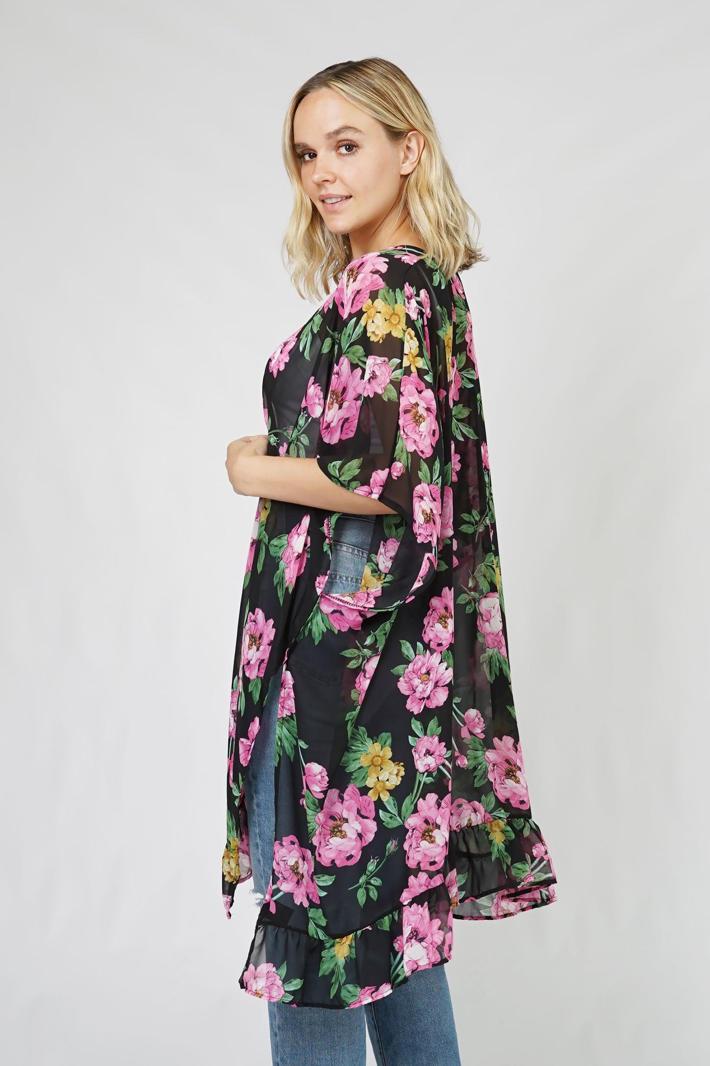 FLOWER PRINT RUFFLE KIMONO