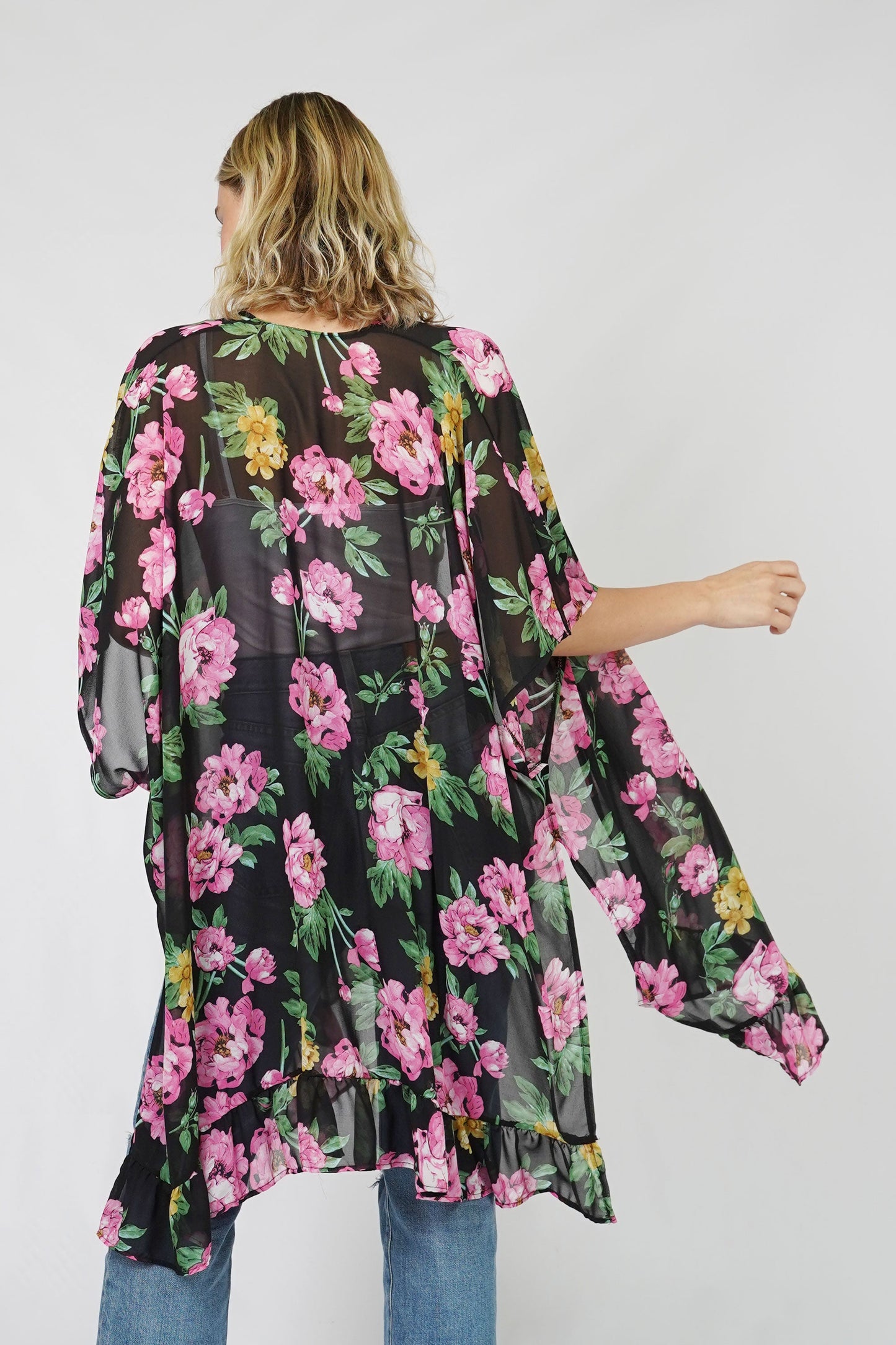 FLOWER PRINT RUFFLE KIMONO