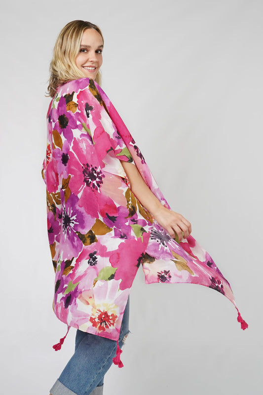 FLOWER PRINT KIMONO W/TASSEL