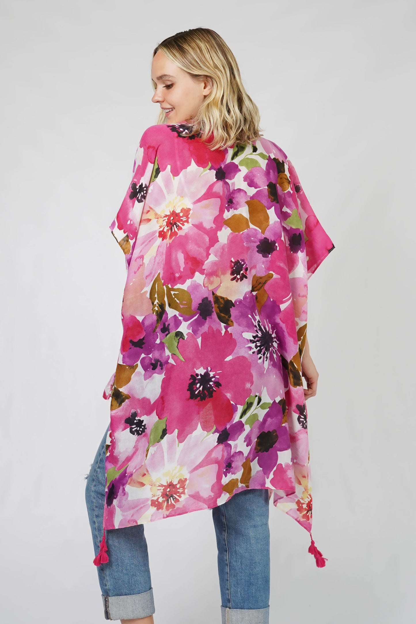 FLOWER PRINT KIMONO W/TASSEL