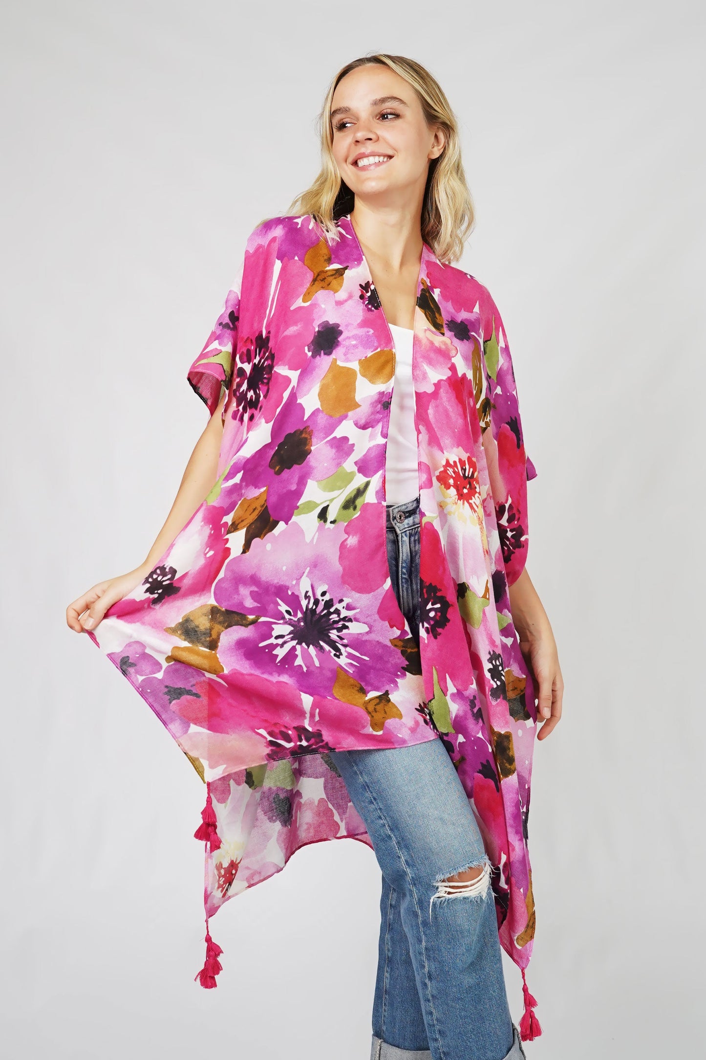 FLOWER PRINT KIMONO W/TASSEL