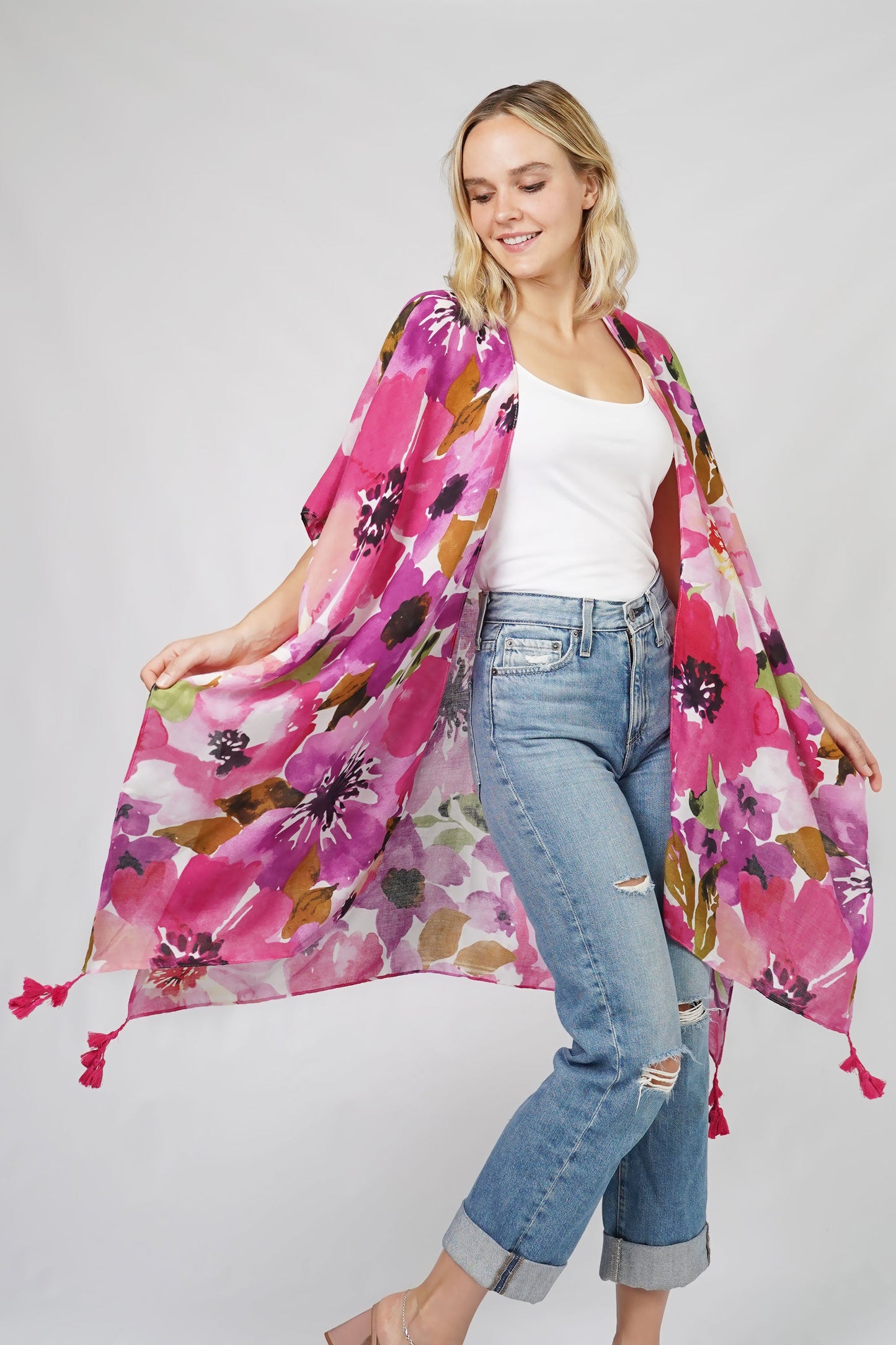 FLOWER PRINT KIMONO W/TASSEL