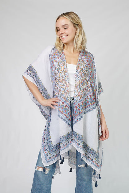 ETHNIC PRINT KIMONO W/TASSEL