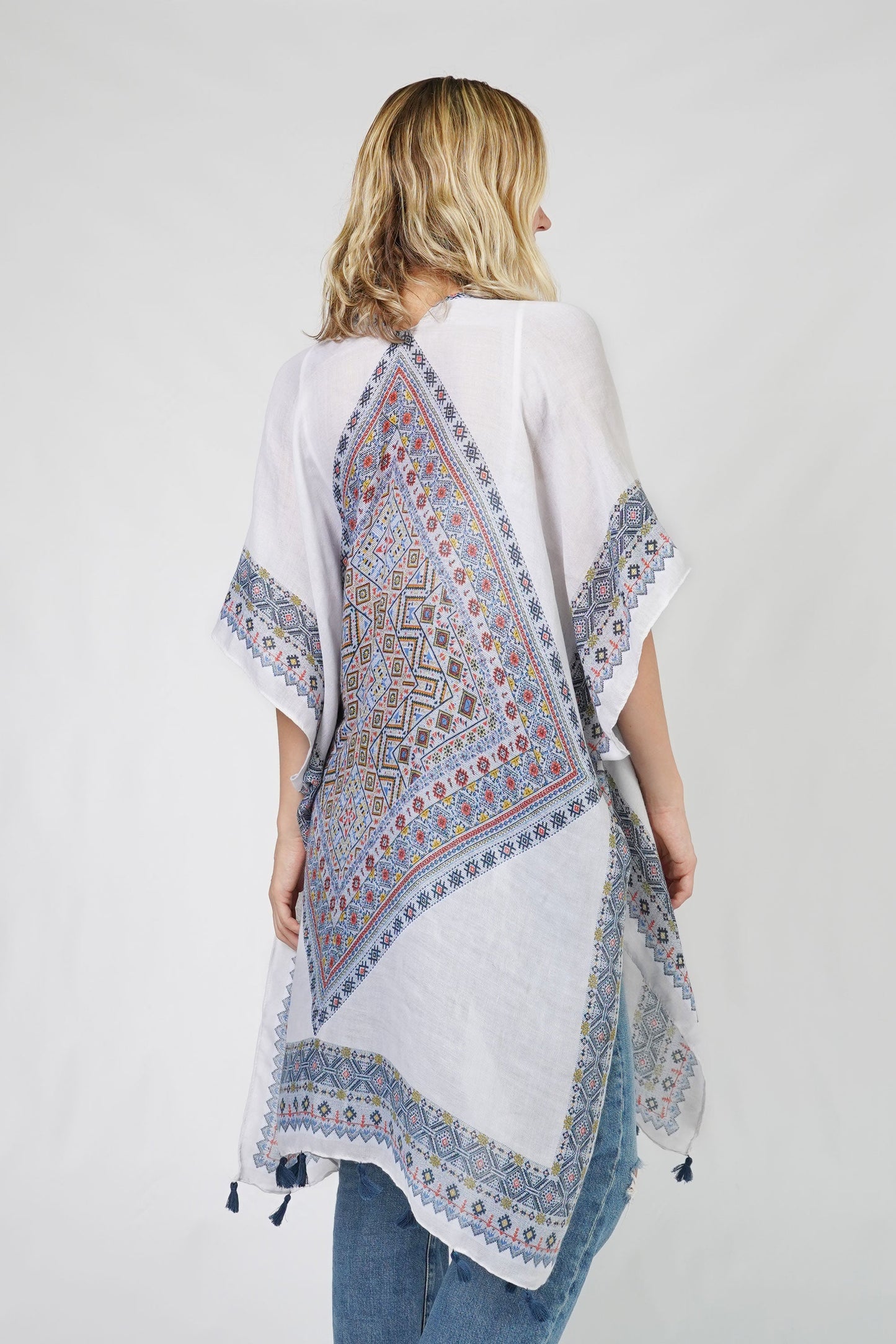 ETHNIC PRINT KIMONO W/TASSEL