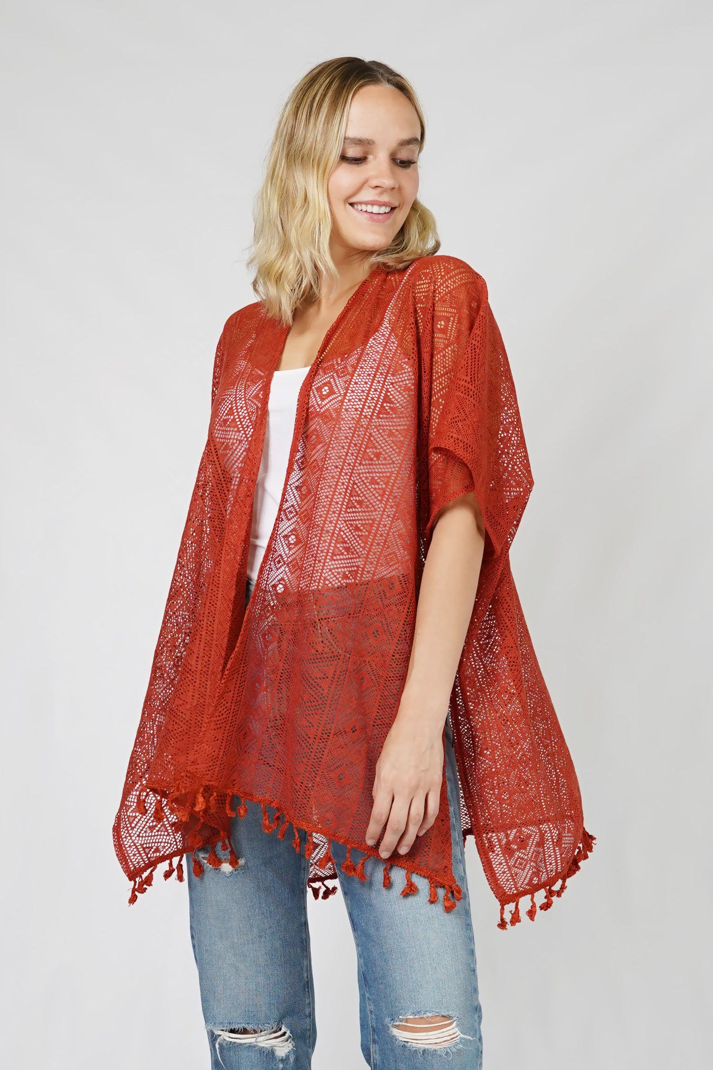 ETHNIC PATTERN LACE KIMONO w/TASSEL