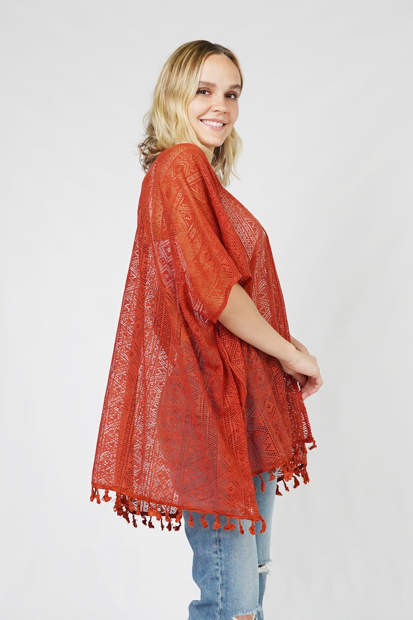 ETHNIC PATTERN LACE KIMONO w/TASSEL