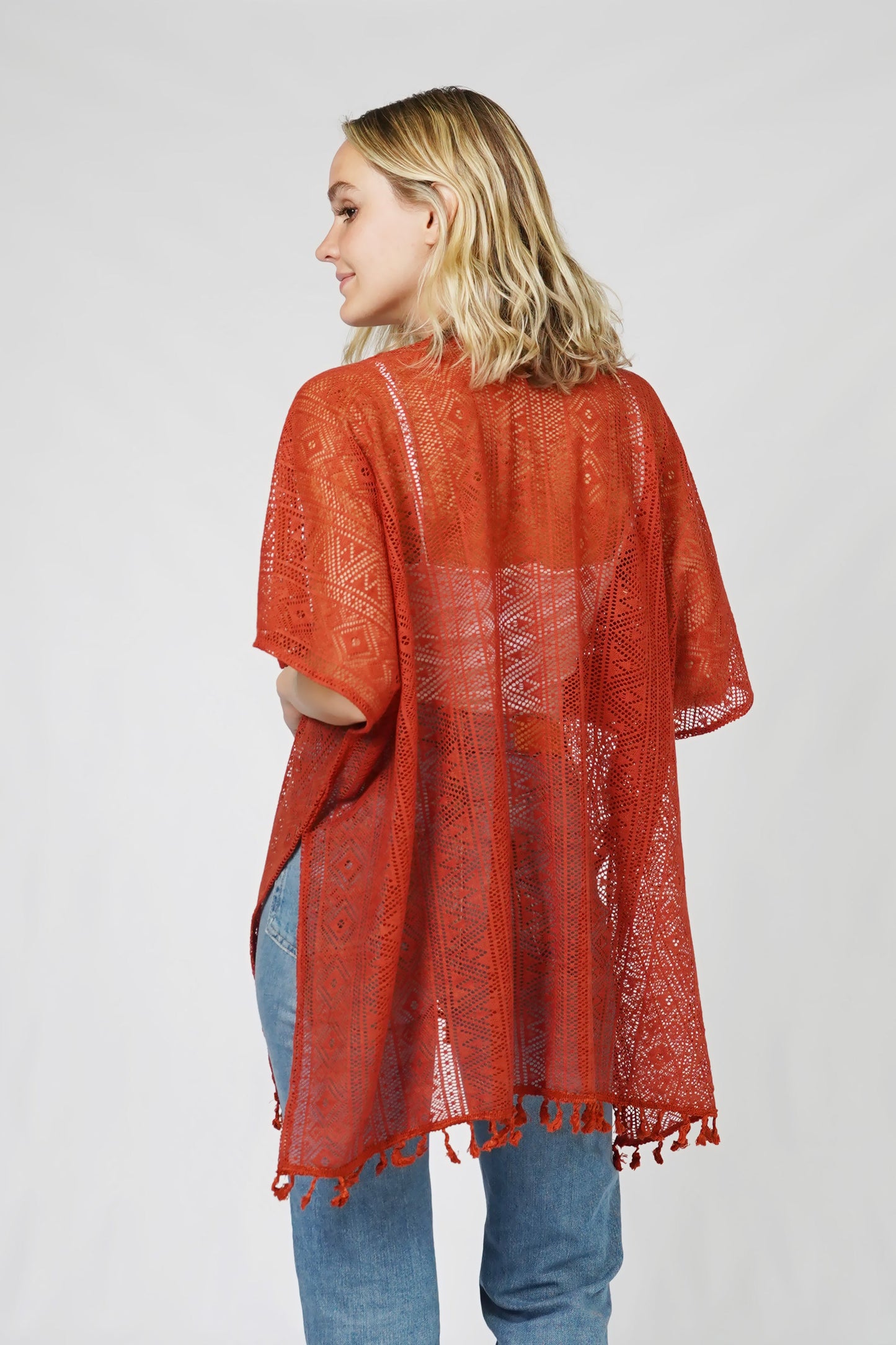 ETHNIC PATTERN LACE KIMONO w/TASSEL