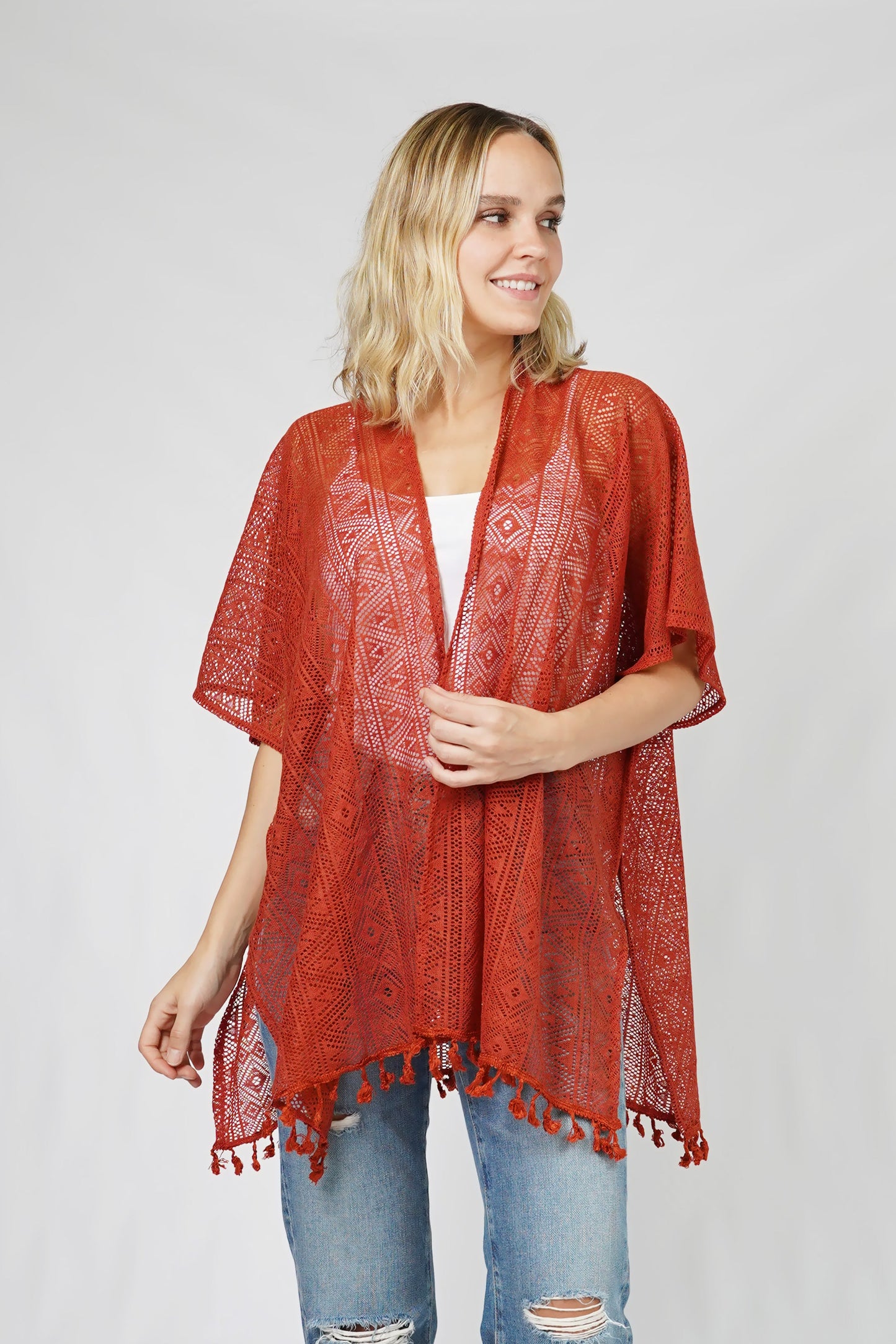 ETHNIC PATTERN LACE KIMONO w/TASSEL